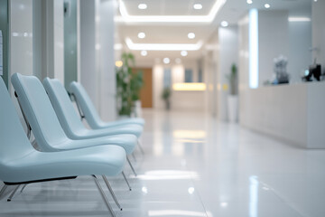 薄い水色の椅子が並んでいる廊下の待合い