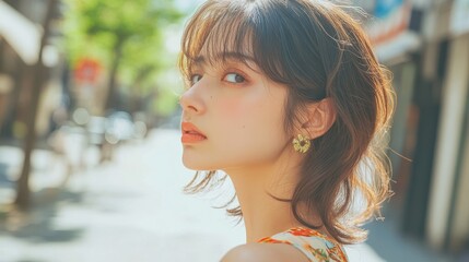 Summer Chic: Japanese Fashion Model Embracing Seasonal Trends in Vibrant City Street - Close-Up Shot with Sunlit Overlay
