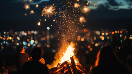 Bonfire Night Celebration, large bonfire with burning wood sparks, Ai generated images