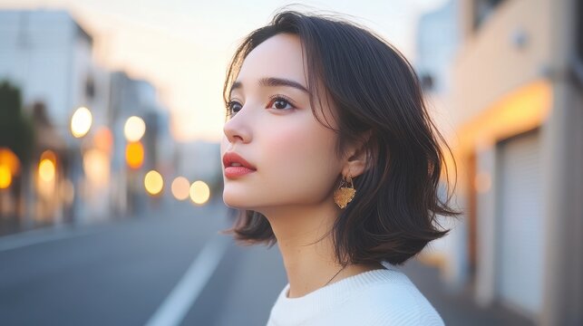 Profile view of a Japanese model woman enjoying a tranquil evening walk, representing balance and mindfulness (focus on, theme: evening calm) along a quiet street (dynamic, Overlay).