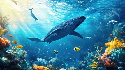 Fototapeta premium Underwater background of the ocean floor with fish whales.