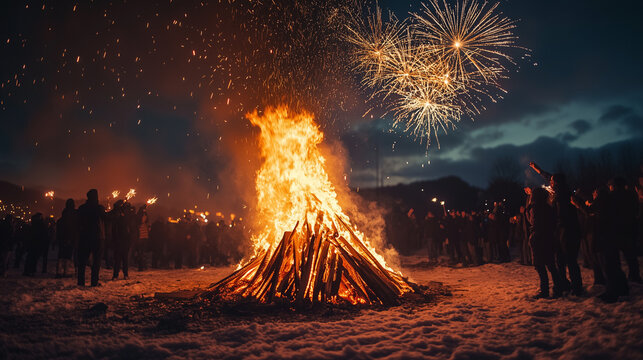 Bonfire Night Celebration, large bonfire with burning wood sparks, Ai generated images - Powered by Adobe
