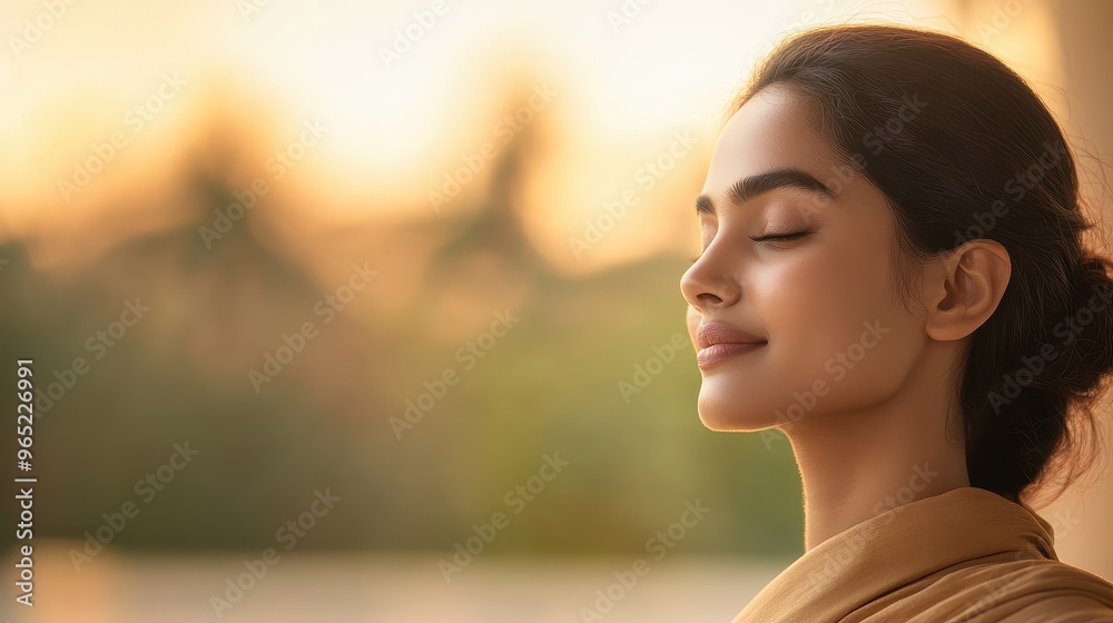 Wall mural Serene South Asian Woman Embracing Self-Care Journey at Wellness Retreat in Dynamic Resort Setting