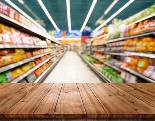 Fototapeta premium Vibrant grocery store setting with a wooden table in the foreground