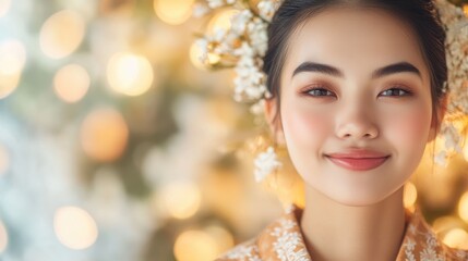 Fototapeta premium Serene Southeast Asian Woman Embracing Aromatherapy in Spa Setting for Sensory Wellness Bliss (Selective Focus, Vibrant Overlay)
