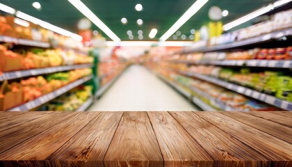 Fototapeta premium Wooden table in front of a brightly lit grocery store aisle