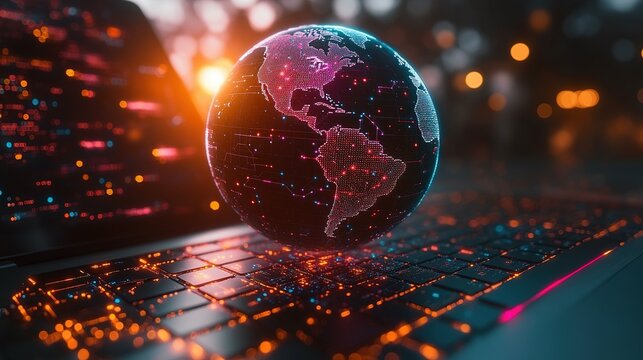 Illuminated Globe Resting on a Laptop Keyboard