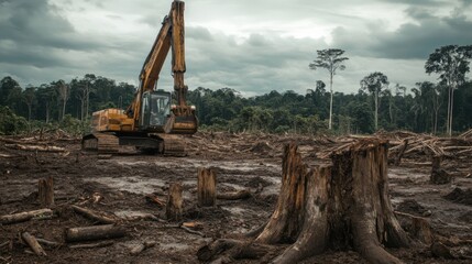 Deforested landscape with heavy machinery illustrates the impact of illegal logging and environmental destruction in a barren forest area under cloudy skies