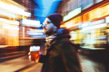 Alcohol addiction concept. Absolutely drunk man with a pint going from a pub, blurred vision, blurred picture