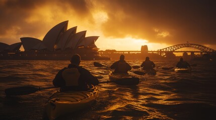 Naklejka premium An adventurous group kayaking in the waters near the Sydney Opera House, pausing for a moment of calm reflection. Dramatic lighting highlights both the serenity of the scene and the adventurous