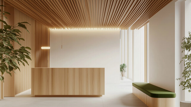白壁と木のクリニック受付と待合室