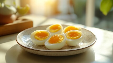 Plate of soft boiled eggs in morning sunlight, breakfast concept