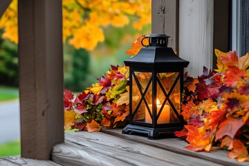 Surrounded by vibrant autumn foliage, a vintage lantern glows softly on a wooden porch, evoking a sense of fall ambiance