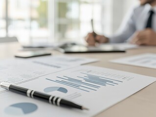 Close-up of economic policy charts and reports on a virtual desk, policymakers engaging in discussion, concept of economic strategy formulation