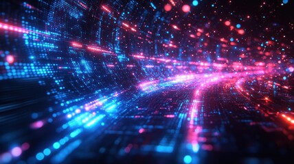 Fototapeta premium Abstract digital landscape with vibrant blue and pink light trails.