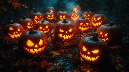 Fototapeta premium A group of jack-o'-lanterns arranged in a circle, casting eerie shadows