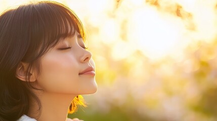 Fototapeta premium Serene Japanese Woman Embracing Solitude in Ethereal Park Silhouette - Close-up Profile of Peaceful Picnic Moment