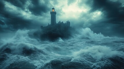 A Halloween background with a creepy castle on a hill, under a stormy sky