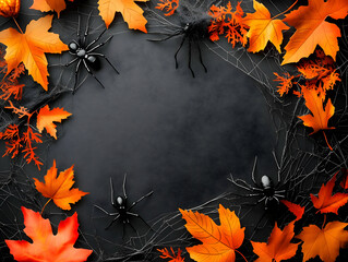 Spooky Halloween Background Illustration: Black Spiders and Orange Fall Leaves on Dark Background
