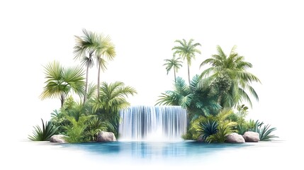 A serene waterfall surrounded by lush green palms and tropical plants, creating a peaceful and idyllic nature scene.