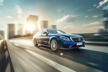 Blue luxury car riding fast on the highway with blurred cityscape background and sunlight