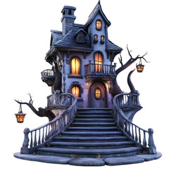 Purple Halloween house with spooky staircase and porch, watercolor illustration, png