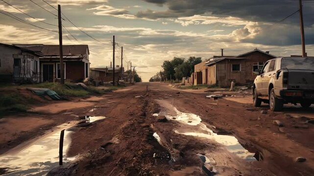 Aerial drone video of a muddy rural street after rain, cinematic style