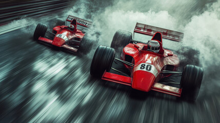 Two Red Race Cars Speeding Through Smoke.
