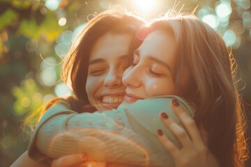 bright sunny image Two woman friends in therapy hug each other. Happy friends hugging