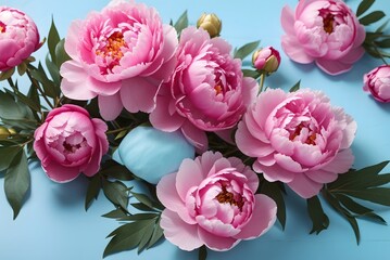 Pink peonies. Beautiful summer bouquet. Floral composition. Wallpaper. Lovely flowers in glass vase.
