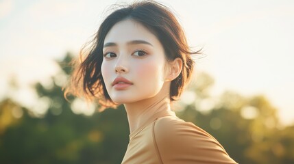 Active Lifestyle: Japanese Model Woman Jogging in Park, Silhouette of Health and Fitness Enthusiast in Cityscape