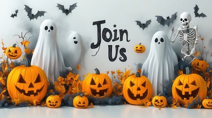 A Halloween party flyer with a bold "Join Us" headline, featuring ghost and skeleton graphics, white background
