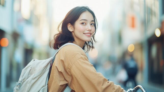 Profile view of a Japanese model woman riding a bicycle through narrow streets, capturing the essence of daily life (selective focus, theme: city commute) in Kyoto (realistic, Overlay).