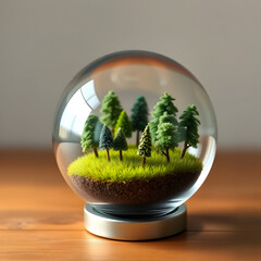 A glass globe filled with miniature trees and a tiny field of meticulously crafted grass