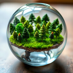 A glass globe filled with miniature trees and a tiny field of meticulously crafted grass