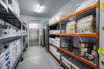 Chilled room with shelves and racks for frozen food storage. Wall-mounted air conditioning. Warehouse item storage