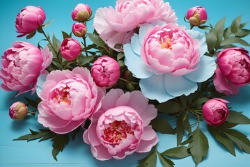 Pink peonies. Beautiful summer bouquet. Floral composition. Wallpaper. Lovely flowers in glass vase.
