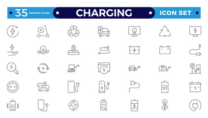 Charging Outline icon set. Containing charge, battery, energy, electricity, charger, recharge, electric car, and charging station icons. Editable stroke outline icon.