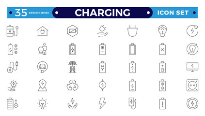 Charging Outline icon set. Containing charge, battery, energy, electricity, charger, recharge, electric car, and charging station icons. Editable stroke outline icon.