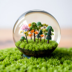 A glass globe filled with miniature trees and a tiny field of meticulously crafted grass