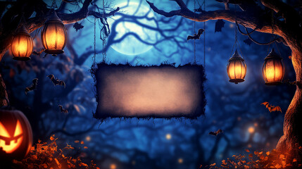 Spooky halloween sign with lanterns and bats