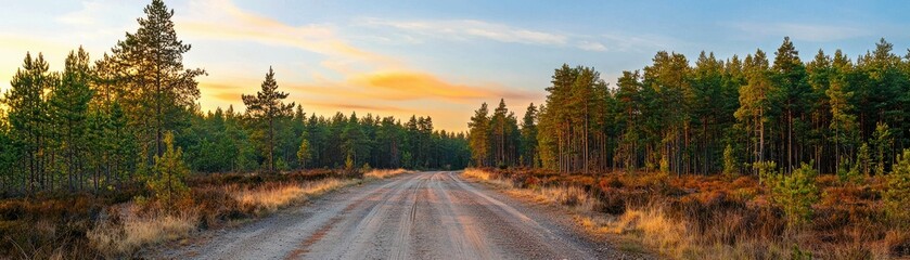Fototapeta premium A serene dirt road winding through a lush forest at sunset, showcasing vibrant colors and natural beauty.