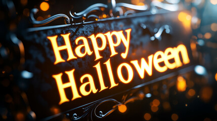 Glowing "happy halloween" sign with ornate frame and bokeh lights.