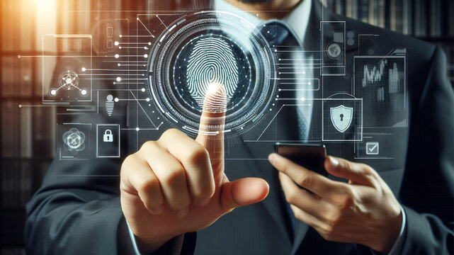 Businessman using cyber security technology to scan fingerprint and unlock network access.