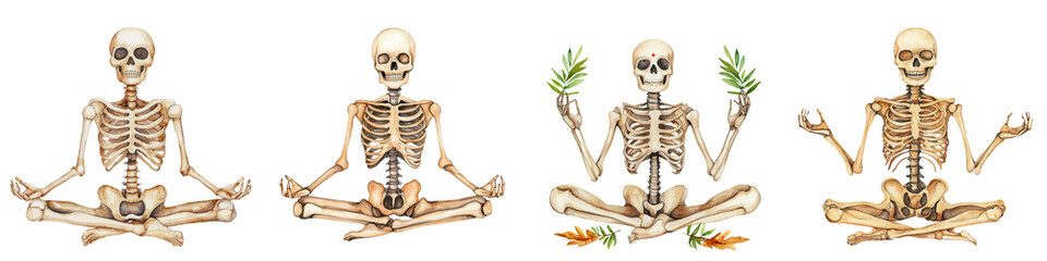 Illustration of four skeletons in different meditation poses, showcasing a blend of humor and wellness concepts.