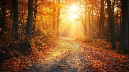 Obraz premium A peaceful forest path in autumn, with fallen leaves blanketing the ground and golden light streaming through trees