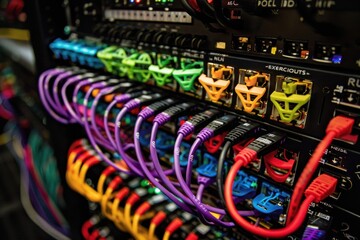 Close-up of network cables connected to ports on a patch panel