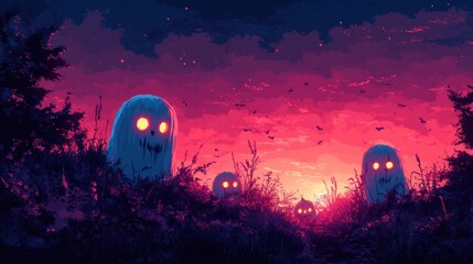 A Halloween vector background with ghostly figures and pumpkins, eerie vibe