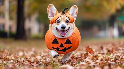 Happy Corgi Dressed As A Pumpkin For Halloween In Autumn Leaves.