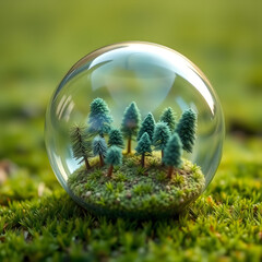 A glass globe filled with miniature trees and a tiny field of meticulously crafted grass